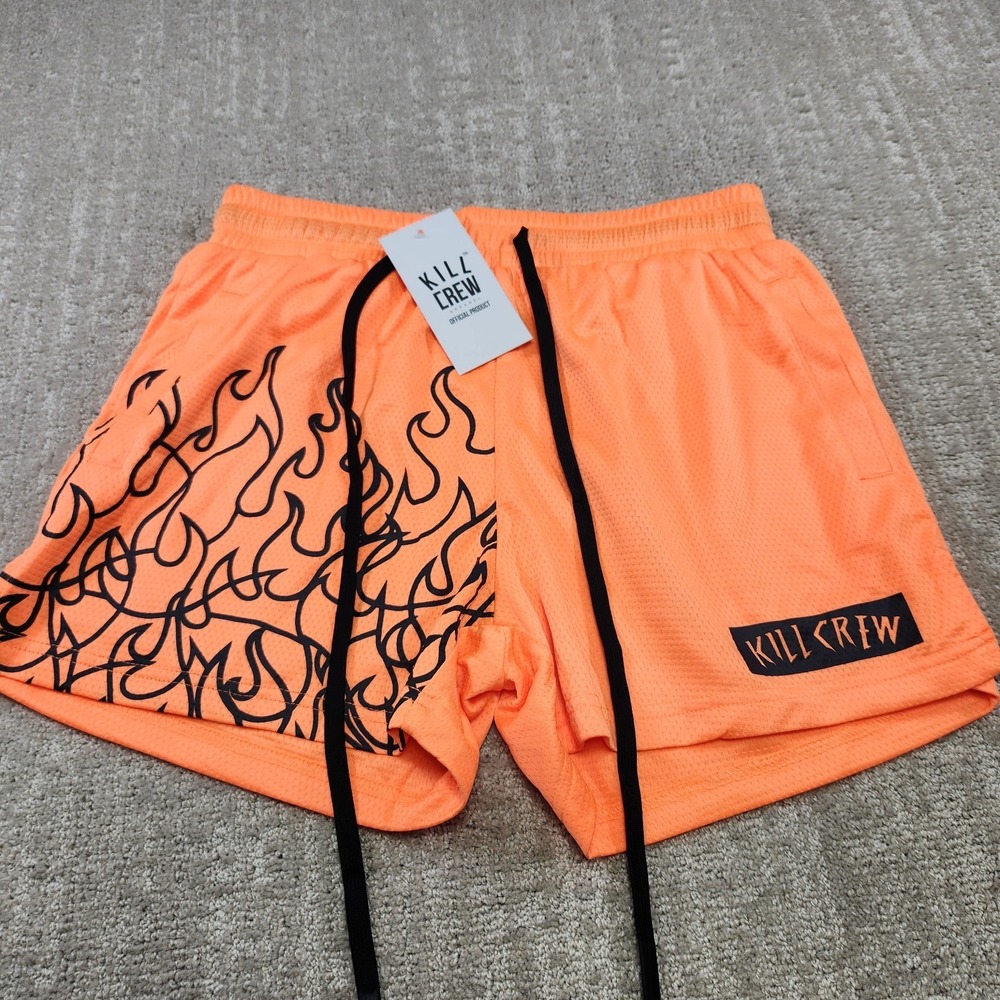 KILL CREW Shorts Men Large Muay Thai Flames 4" Athletic Training NEW Orange Gym